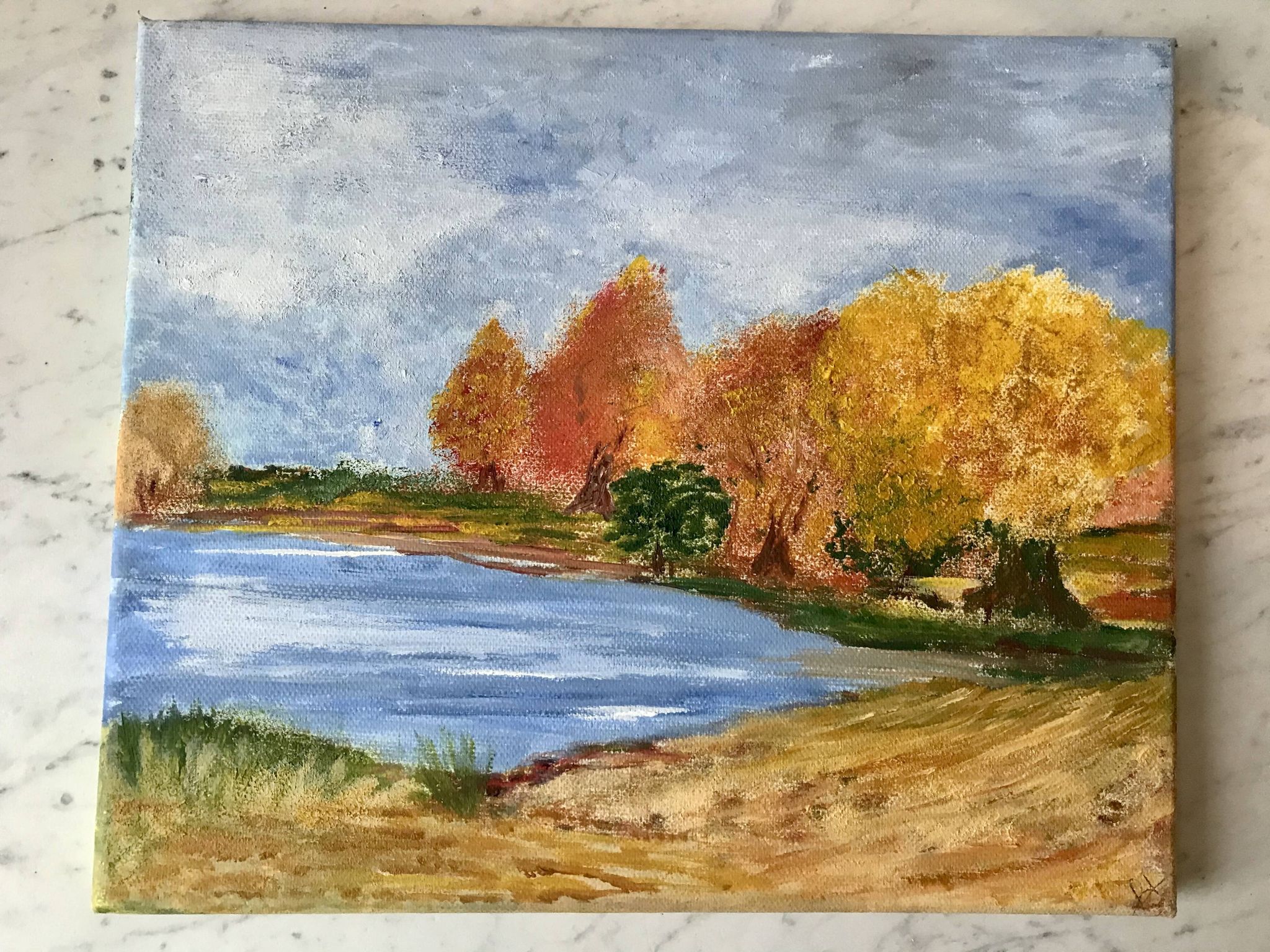 Oil painting on canvas autumn landscape and vintage lake