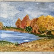 Oil painting on canvas autumn landscape and vintage lake