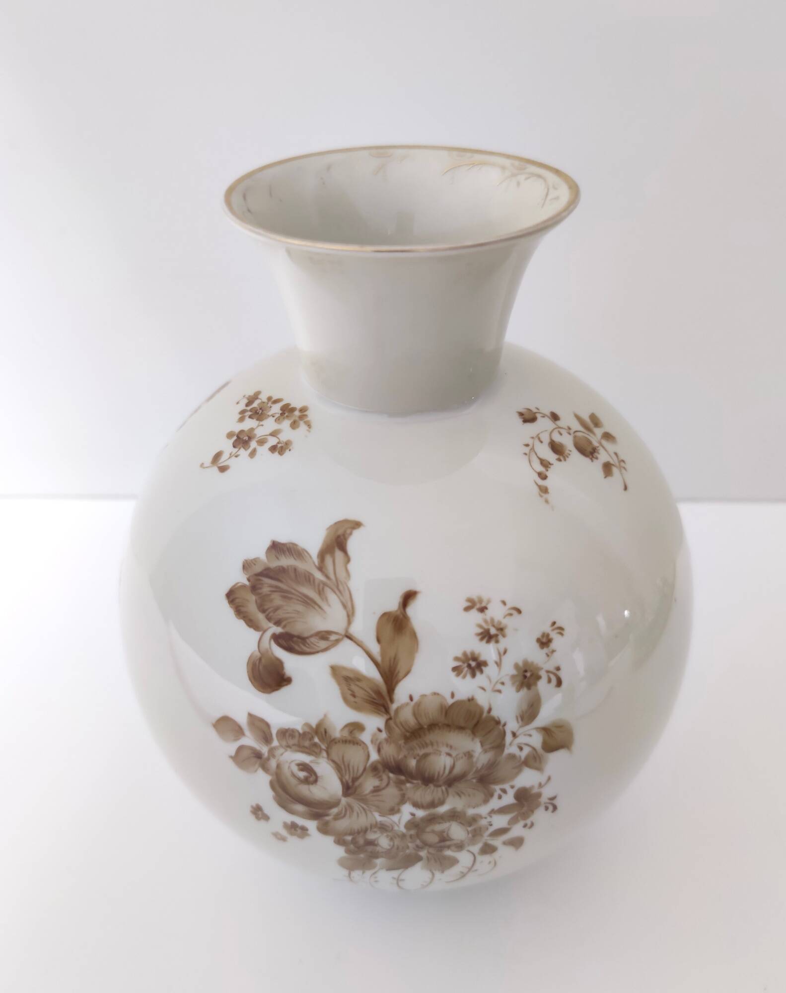 Ivory Ceramic Vase with Brown Floral Details by Rosenthal, Italy