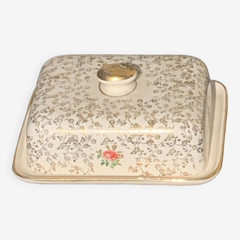 Villeroy and Boch earthenware butter dish, Made in France Saar, Economic Union, gold flower decoration