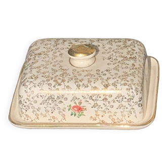 Villeroy and Boch earthenware butter dish, Made in France Saar, Economic Union, gold flower decoration
