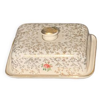 Beurrier en faience Villeroy et Boch, Made in france Saar, Economic Union, decor de fleurs dore