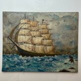 Oil on canvas three masted ship