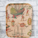 Plateau vintage en fibre de verre, années 50, motif bateaux