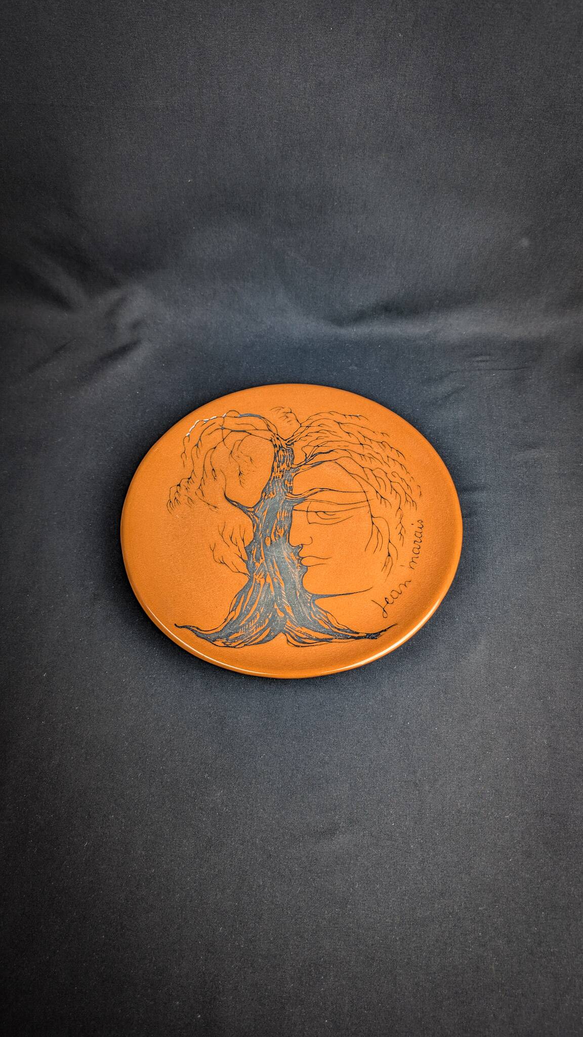 Glazed ceramic plate signed Jean Marais face & tree Vallauris
