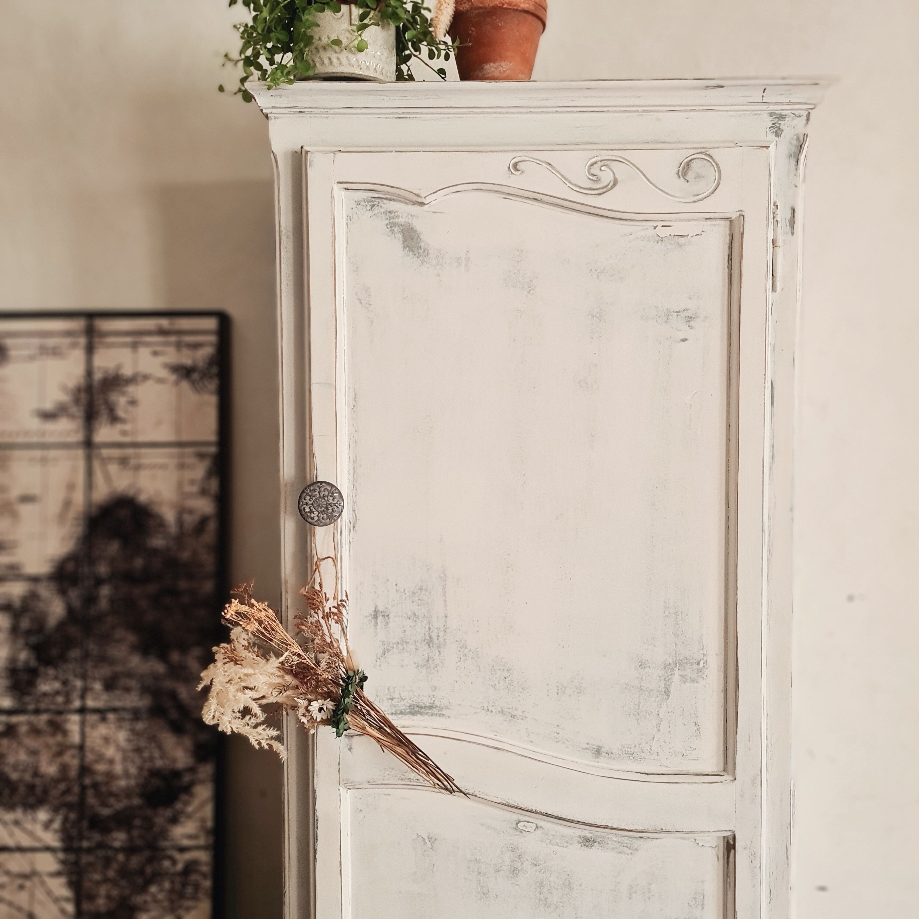 White hosiery cabinet renovated blue interior