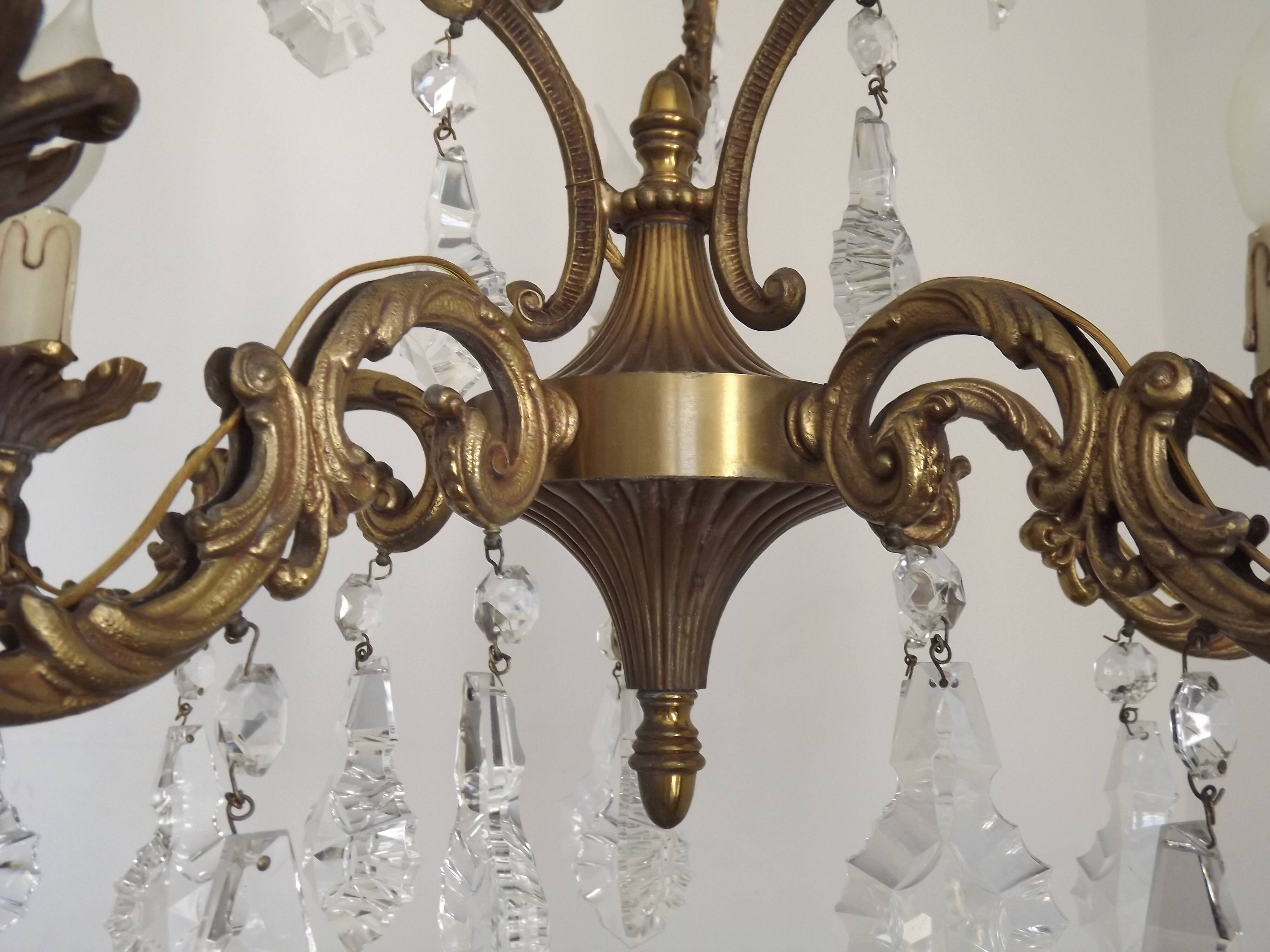 French Art Nouveau 5-Light Bronze 3 sided Crystal Cage Chandelier