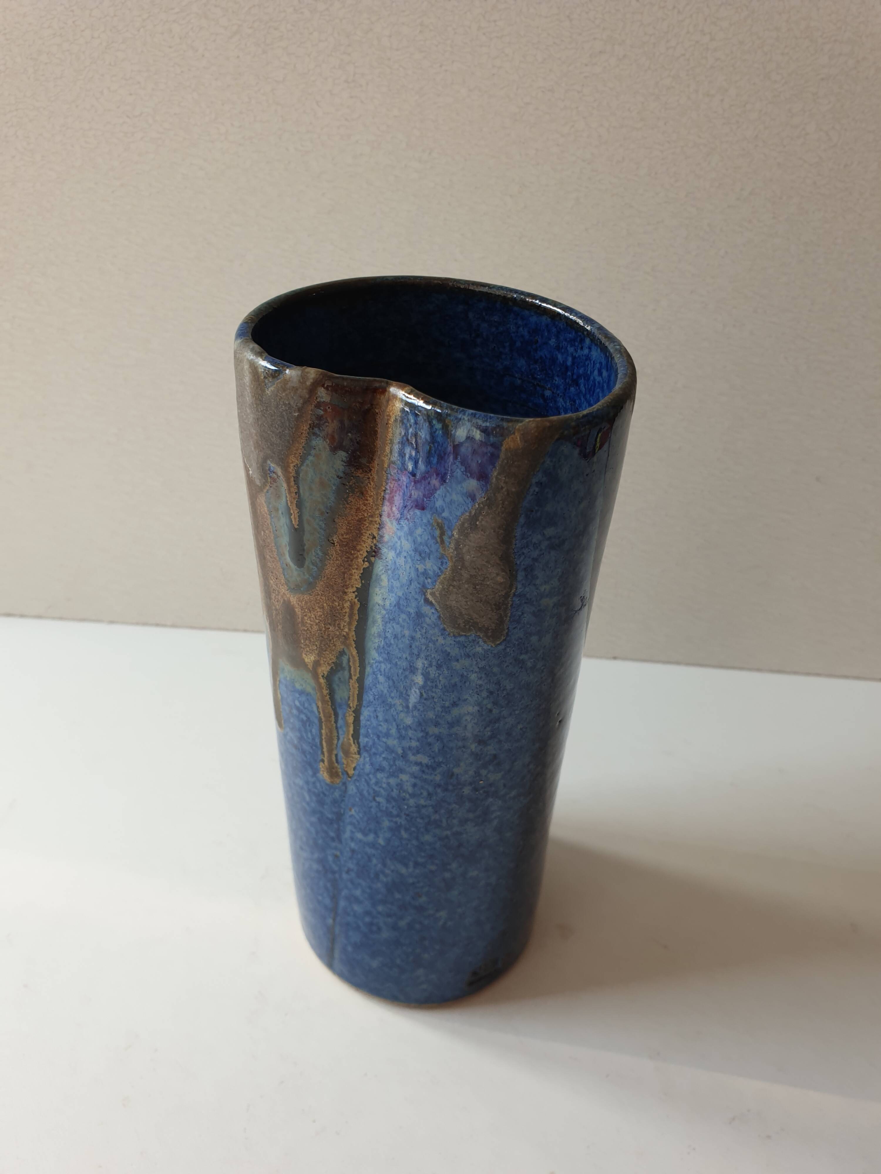 Ceramic vase with blue cover Signed Jean CACHELEUX (Puisaye)