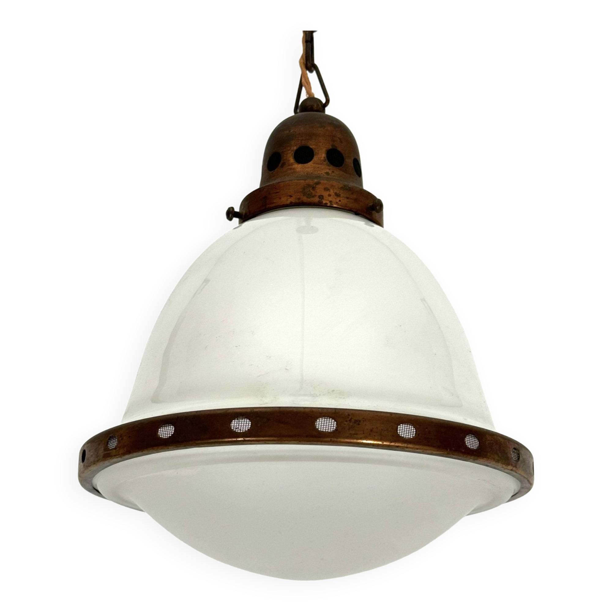 Vintage Industrial chandelier in copper and milk glass. Italy 1950s