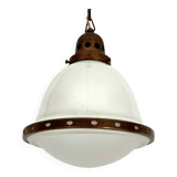Vintage Industrial chandelier in copper and milk glass. Italy 1950s