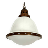 Vintage Industrial chandelier in copper and milk glass. Italy 1950s