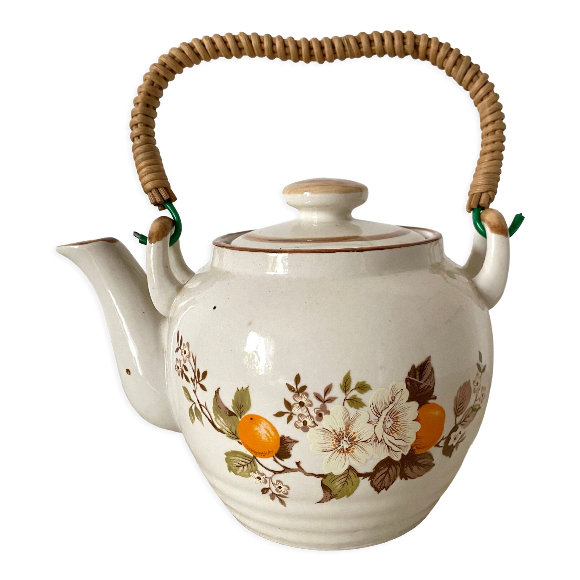 Vintage porcelain and rattan teapot