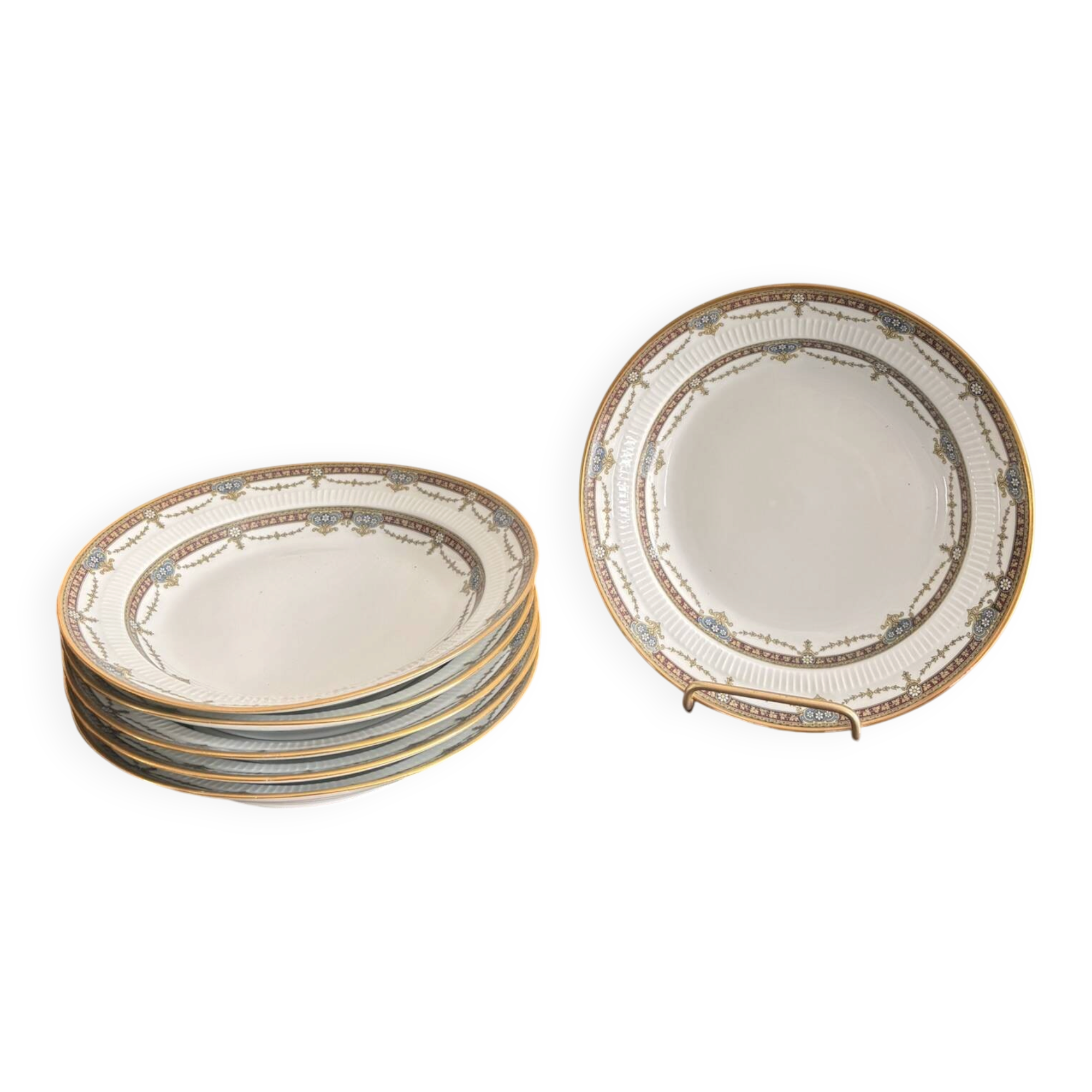 6 Deep Plates Limoges Porcelain Harreau Fluted Edge Neo-Classical