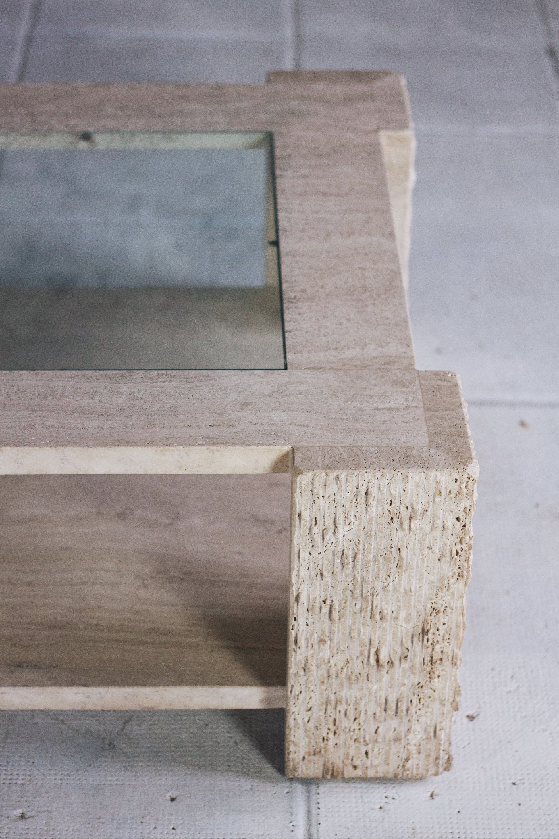 Coffee table in travertine and glass by Claude Berraldacci