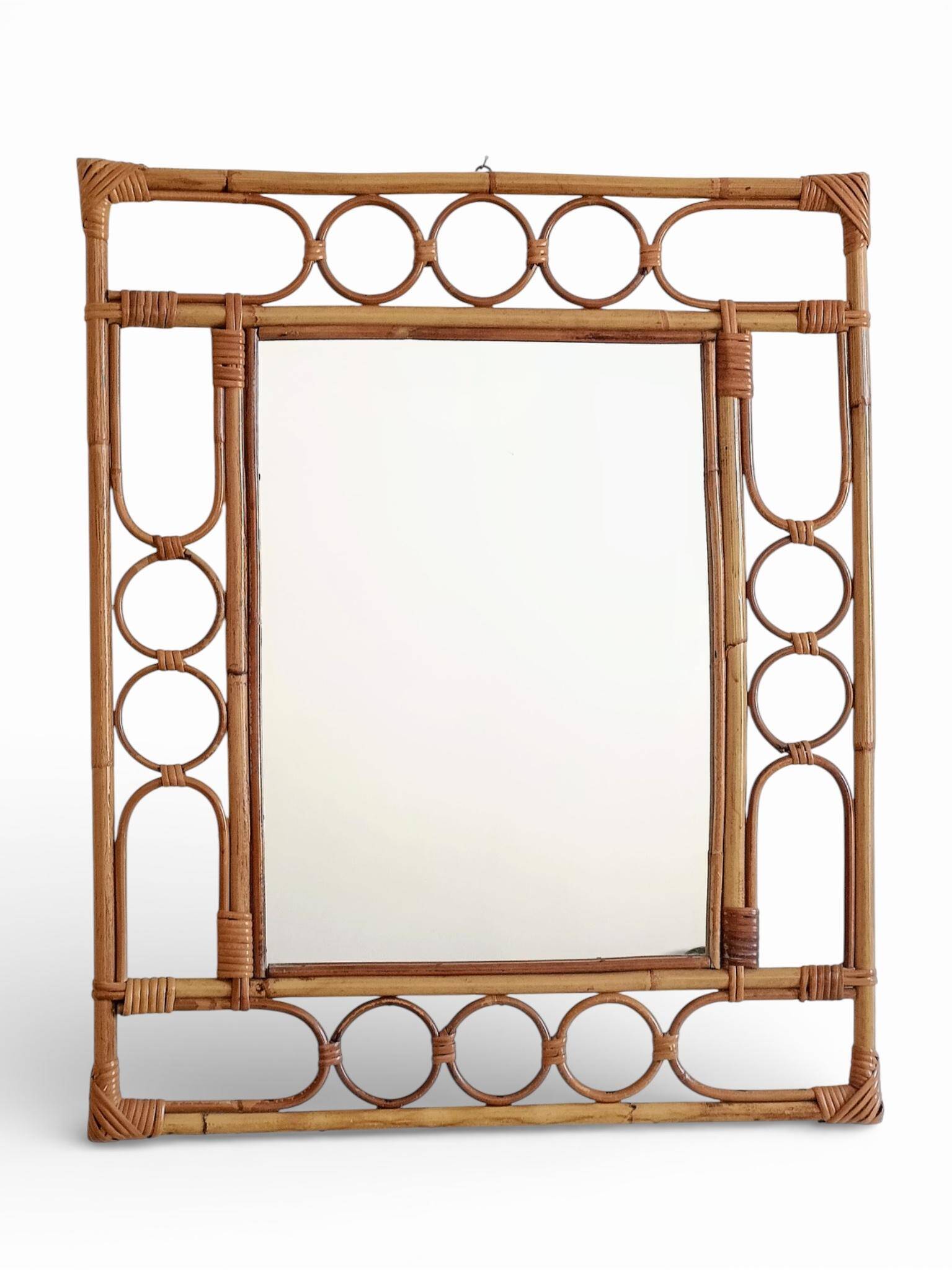Mid-Century Organic Modern Bamboo & Rattan Mirror, Franco Albini Style, 1960s