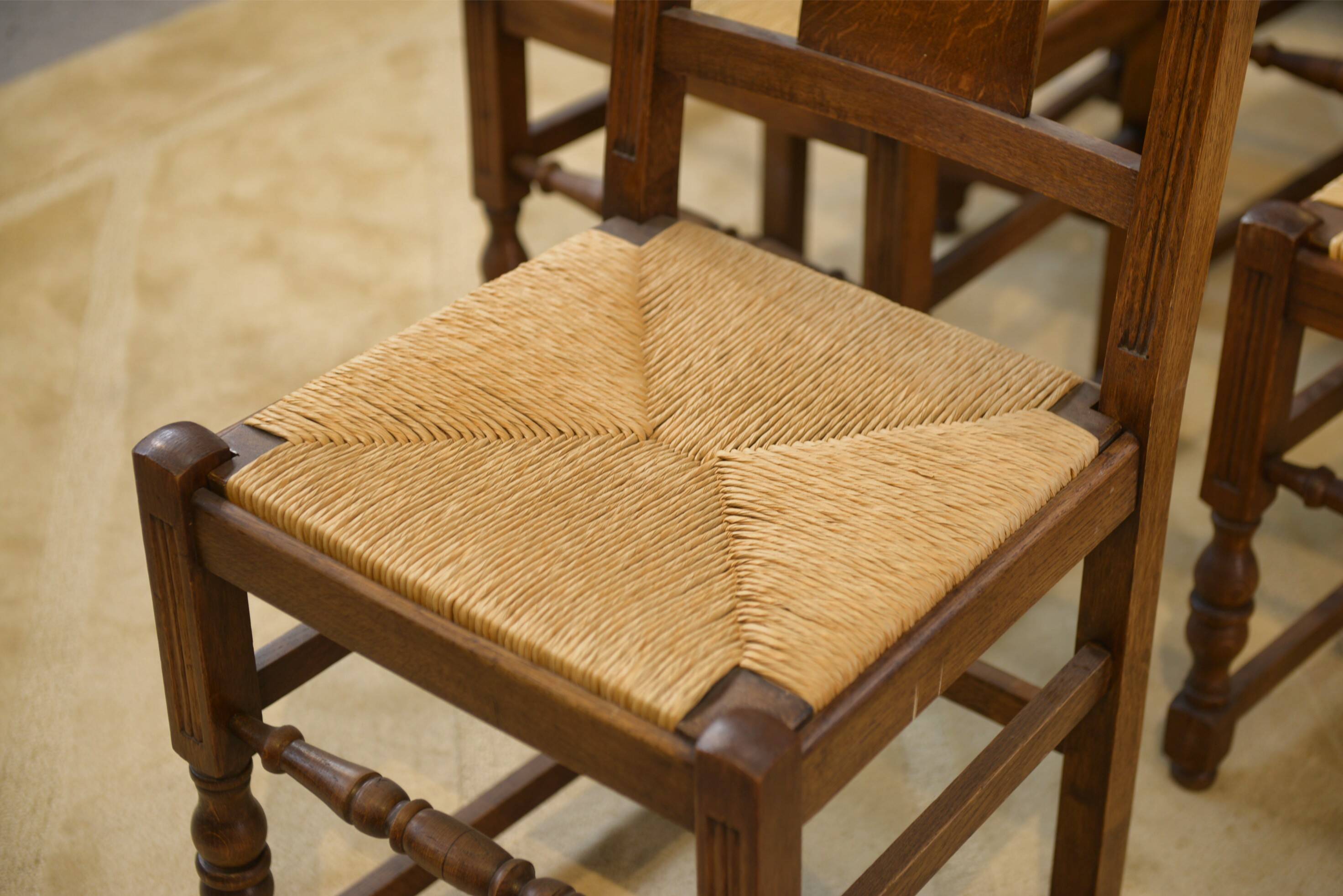 Set of 6 brutalist oak chairs from the 1950s.