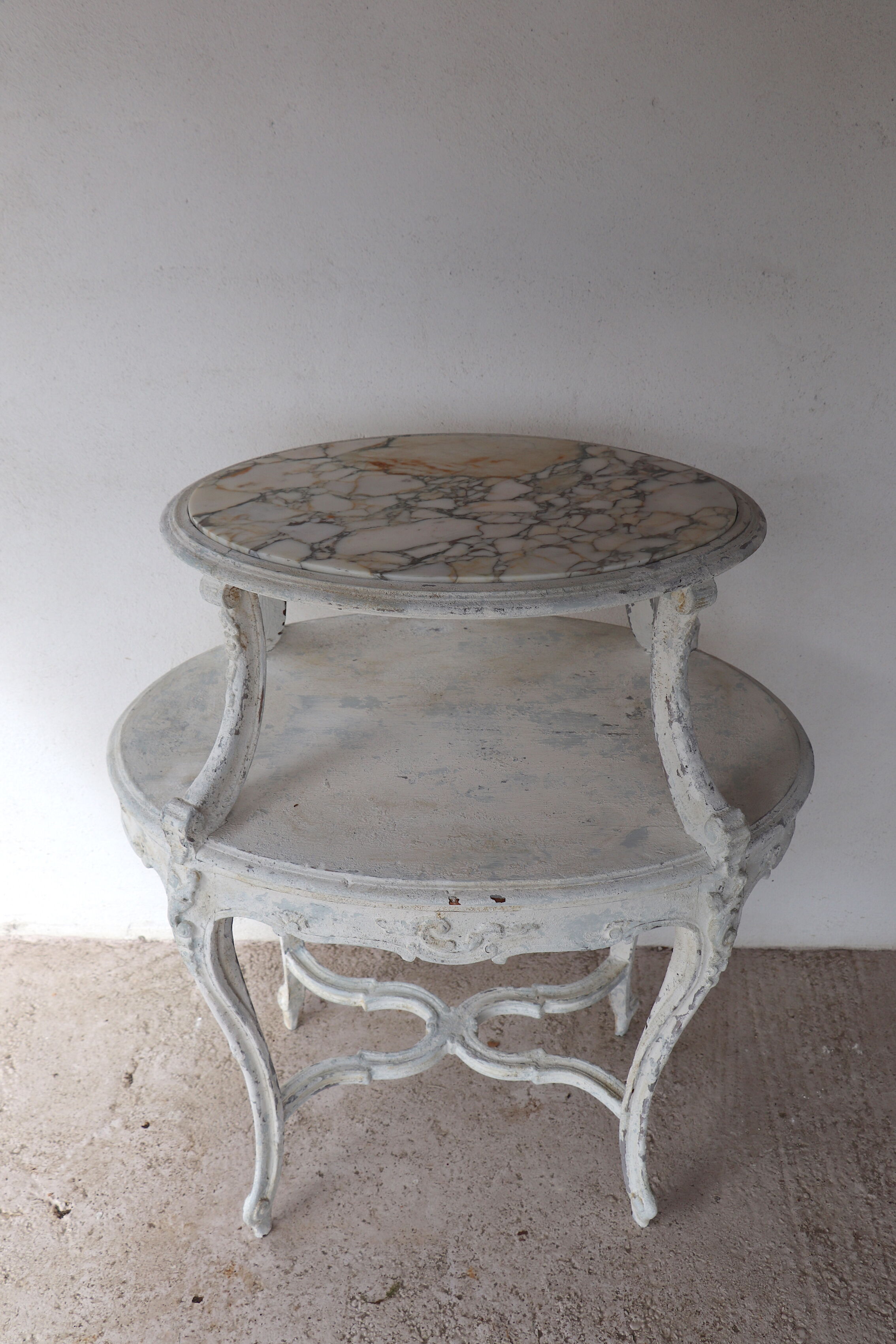 Tea table, marble and wood style Louis XV patina