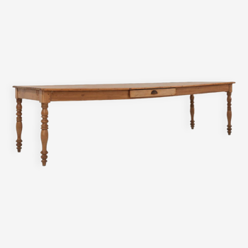 Large pine wood farm table with drawer and turned legs, France, 1850s