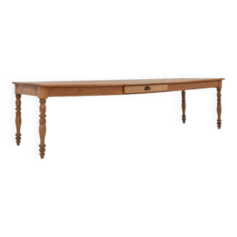 Large pine wood farm table with drawer and turned legs, France, 1850s