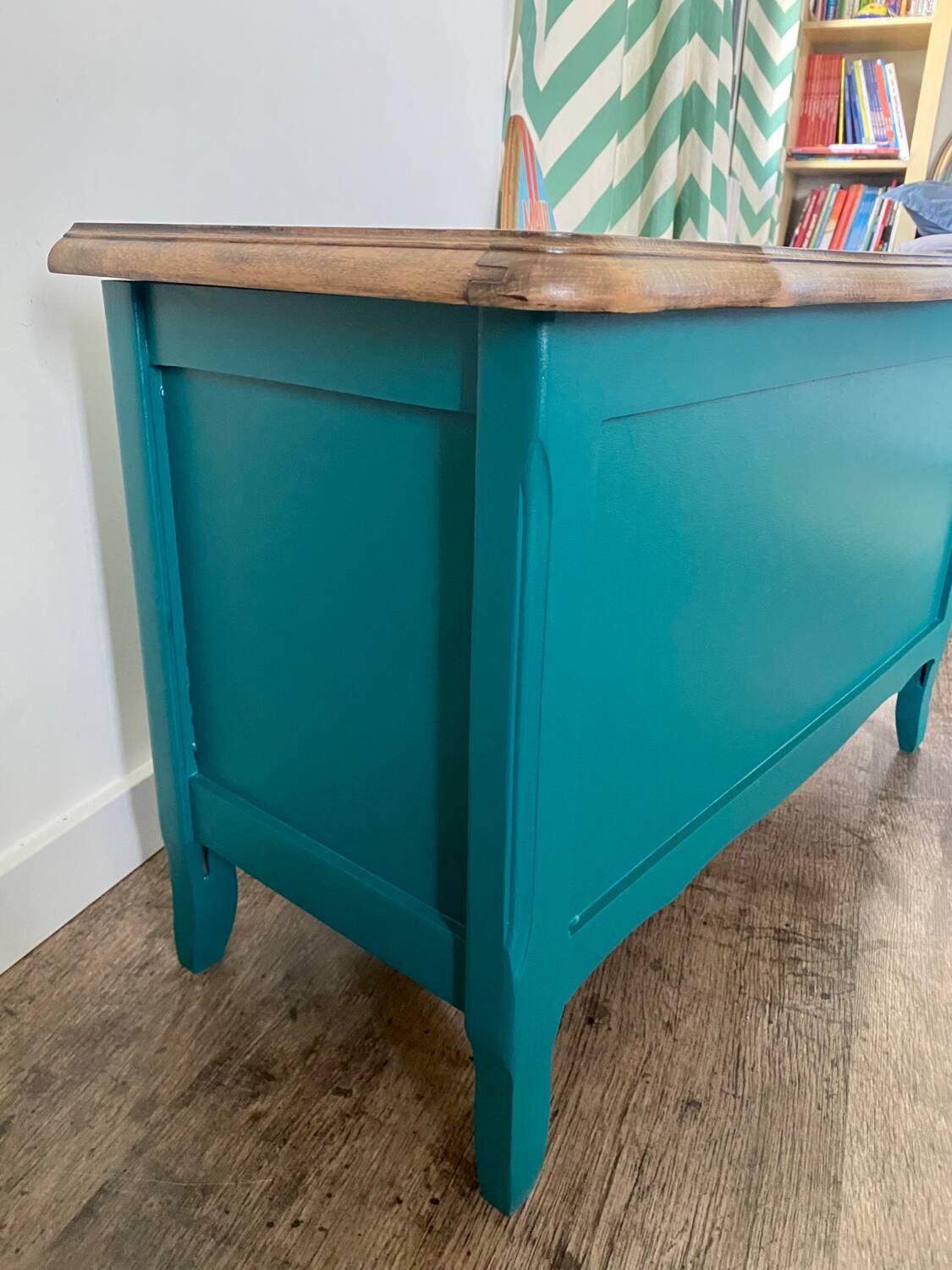 Duck blue and light wood storage chest