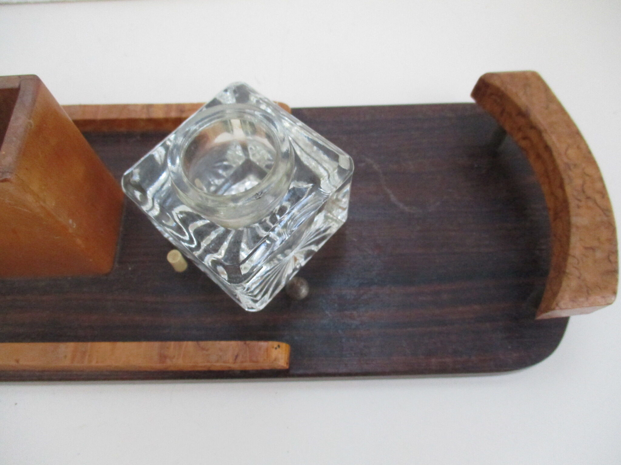 Wood inkwell and art deco glass