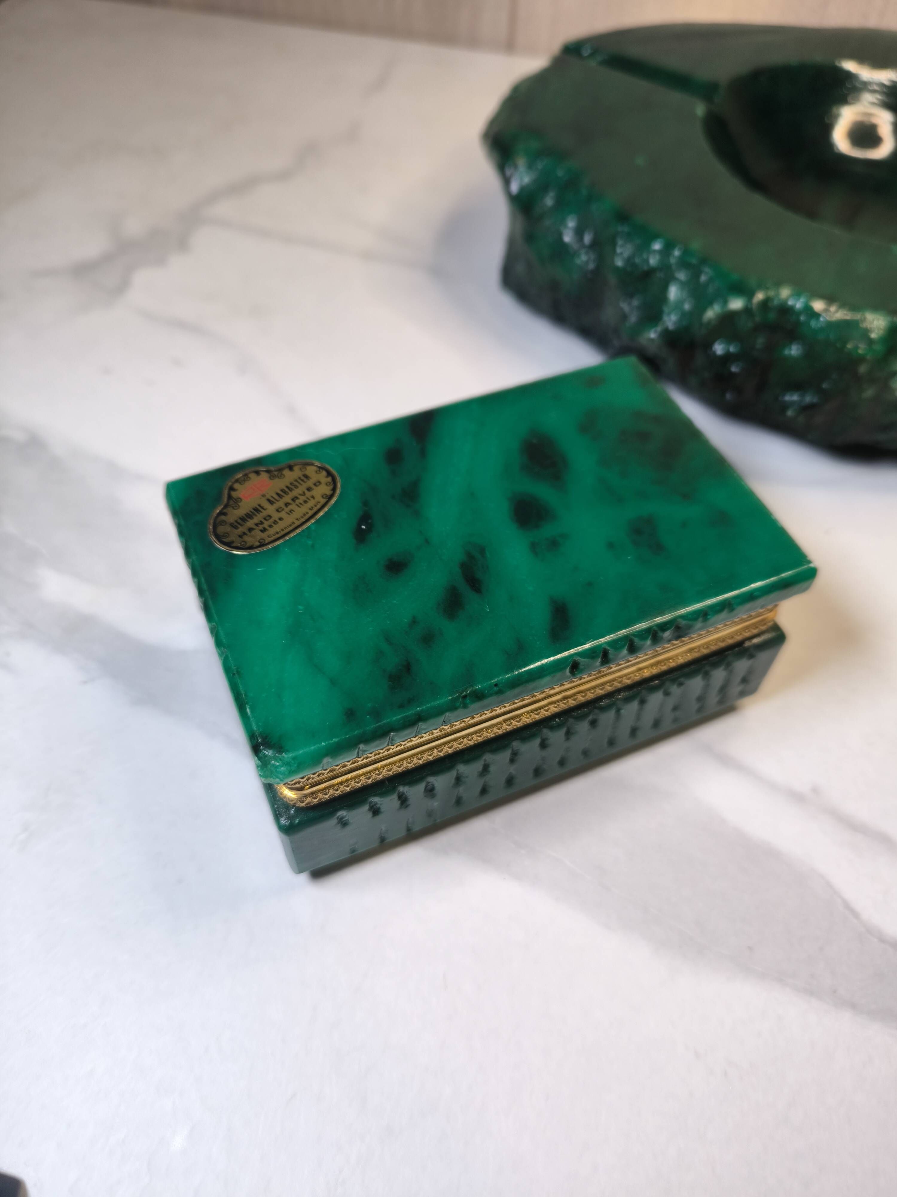 Vintage 70's Desk Set in Green Alabaster Malachite - 3 Pieces - Ita