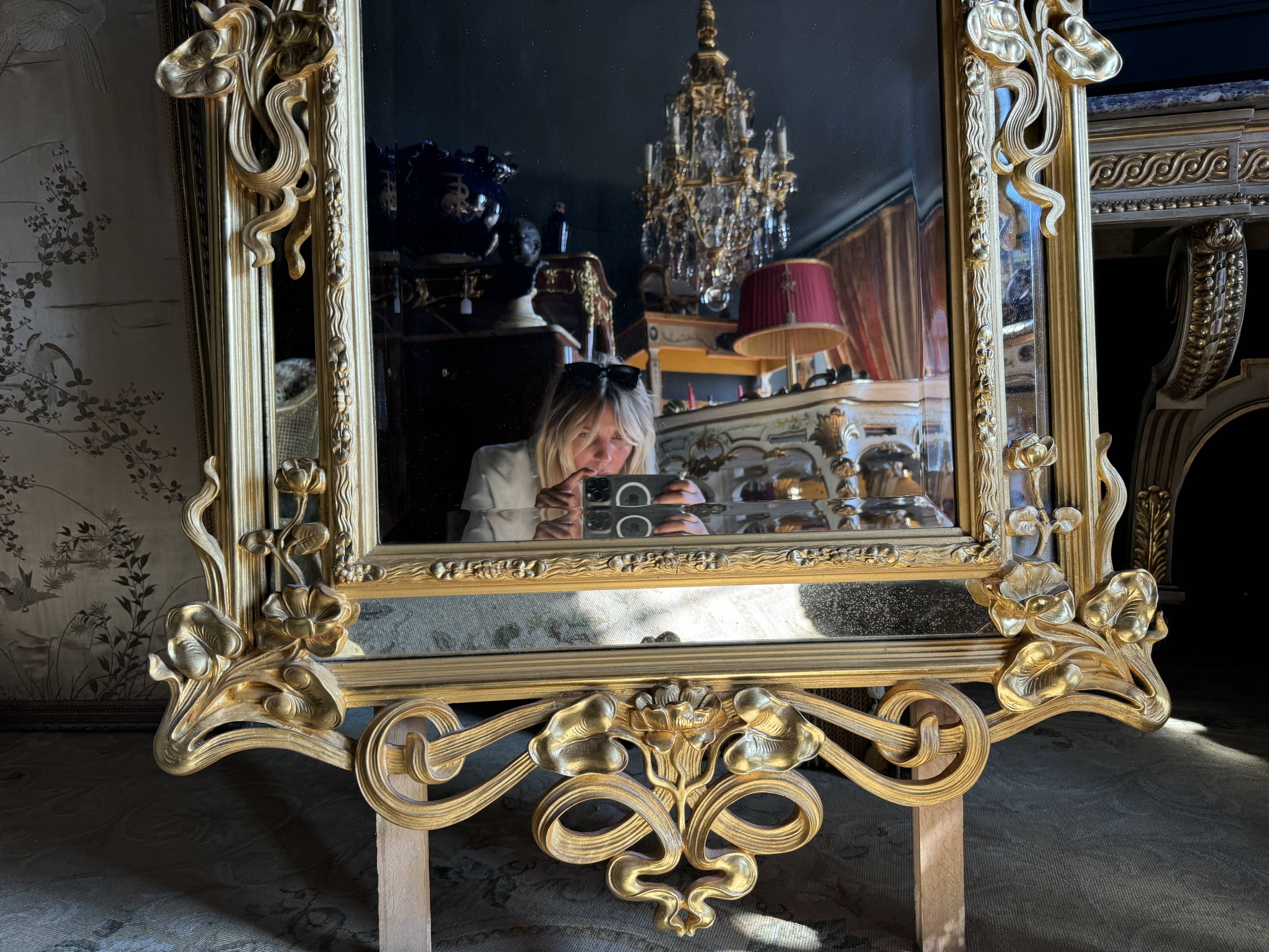 Art Nouveau Period Mirror in Wood Gilded with Gold Leaf - Late 19th Century