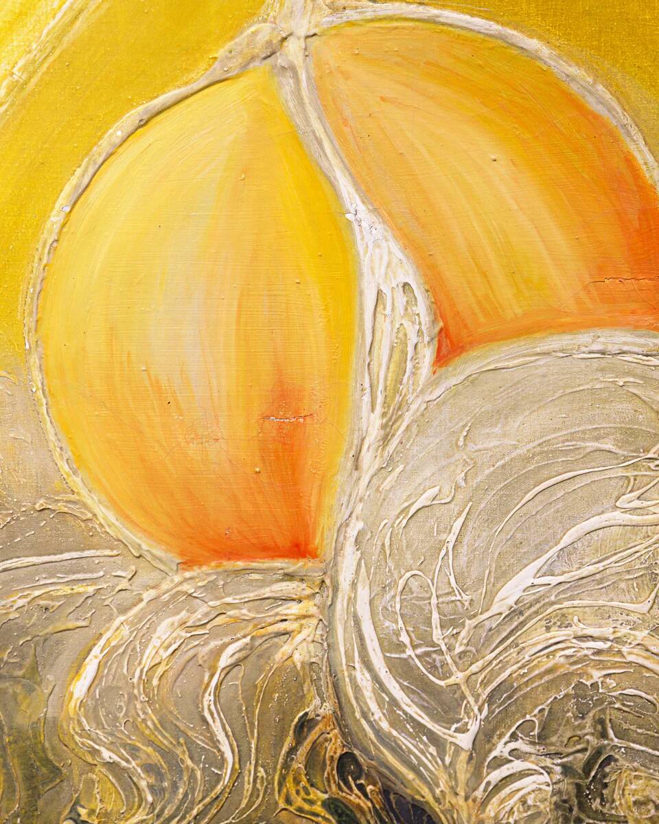 Vibrant mid-century oil painting Mount Fuji at sunset