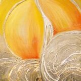 Vibrant mid-century oil painting Mount Fuji at sunset