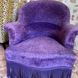 Large armchair, pouffe, purple in velvet.