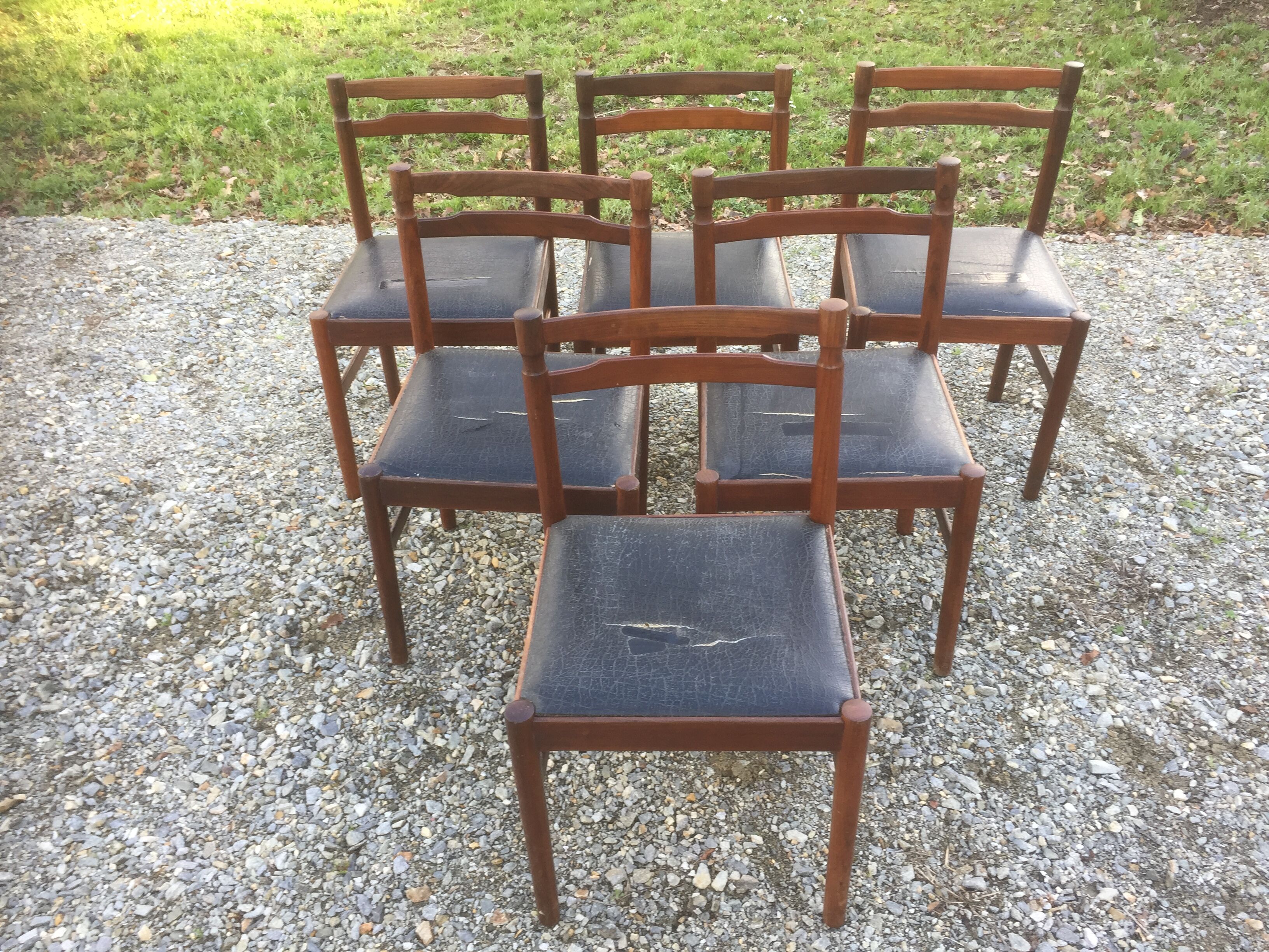 Vintage scandinavian teak chairs, black skaï seats as it is