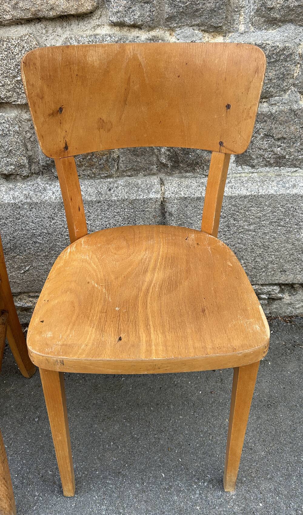 Set of 5 mismatched vintage blond wood bistro chairs