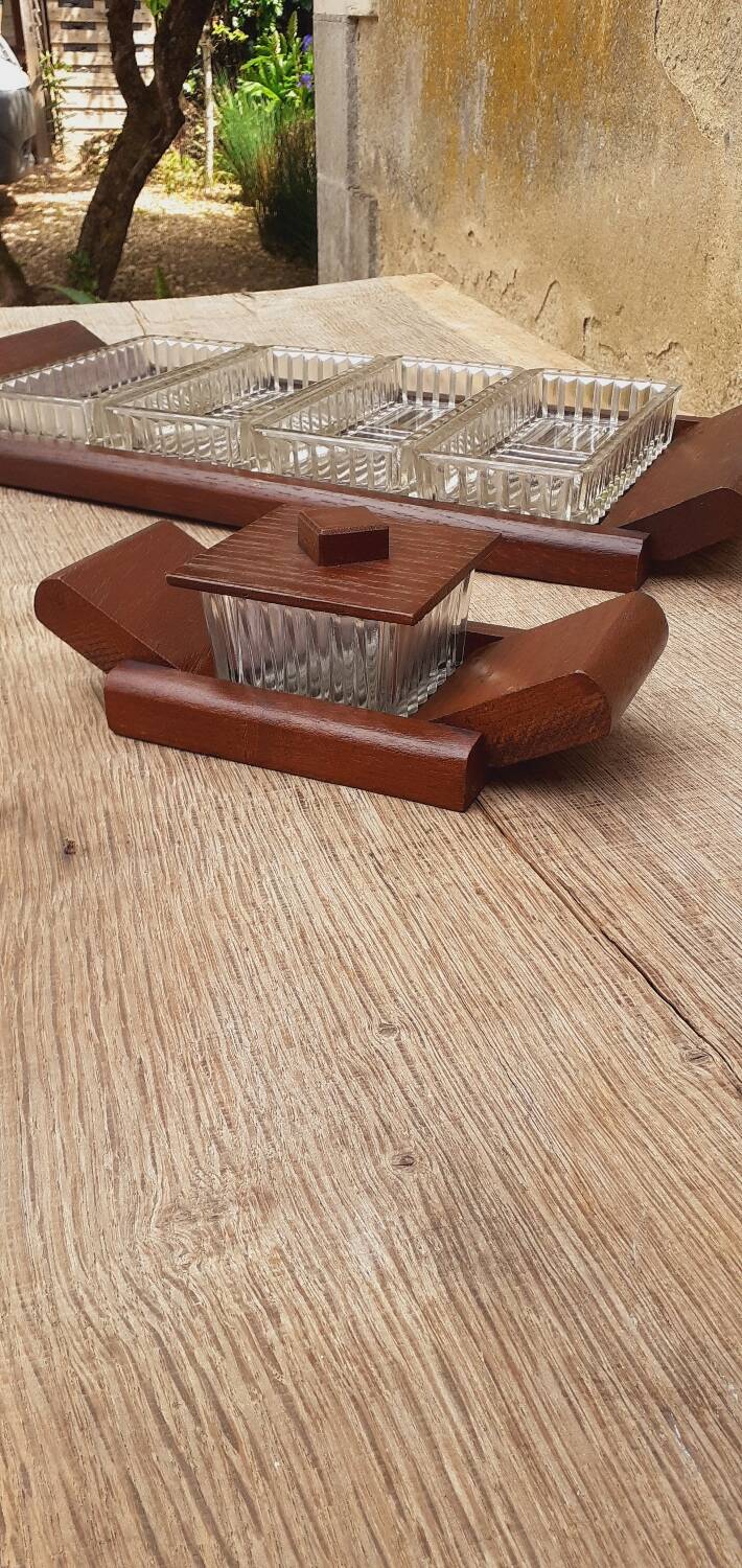 Vintage aperitif tray in oak and molded glass from the 50s