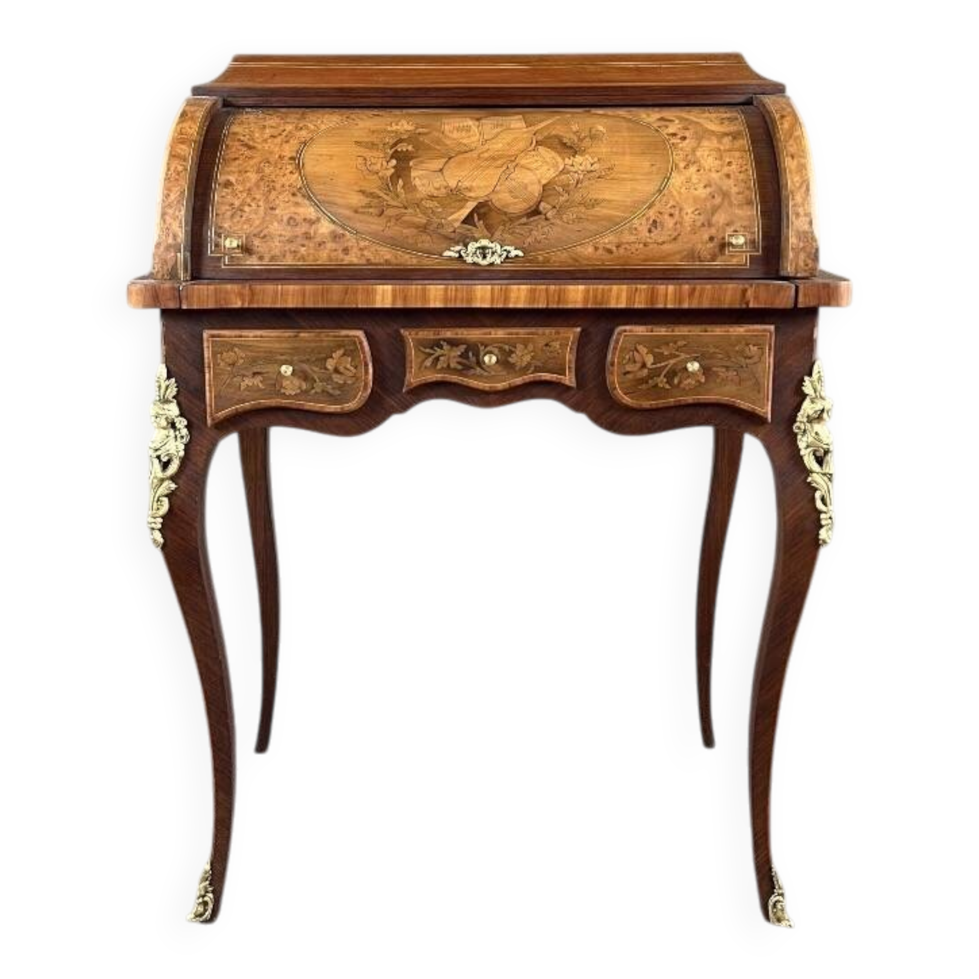 Bureau à cylindre en marqueterie de style Louis XV, XIXe siècle