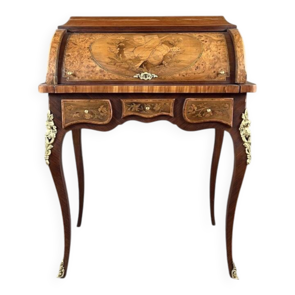 Bureau à cylindre en marqueterie de style Louis XV, XIXe siècle