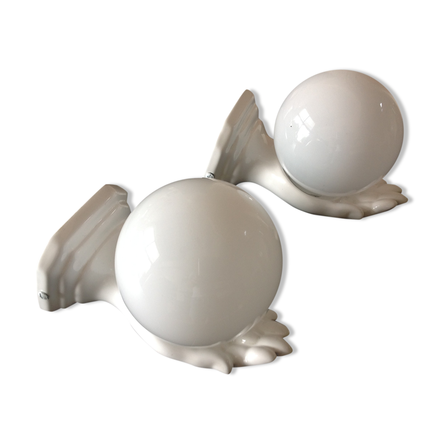Pair of hand ceramic and opaline wall lamps vintage