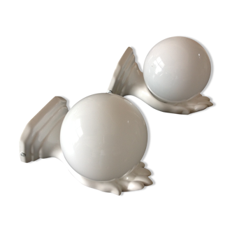 Pair of hand ceramic and opaline wall lamps vintage