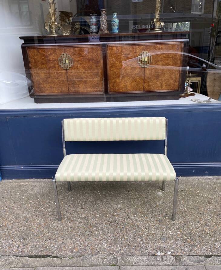 Chrome Bench Green Stripped 1970s Hollywood Regency Modernist Vintage