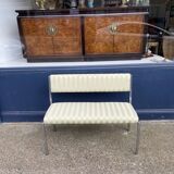 Chrome Bench Green Stripped 1970s Hollywood Regency Modernist Vintage