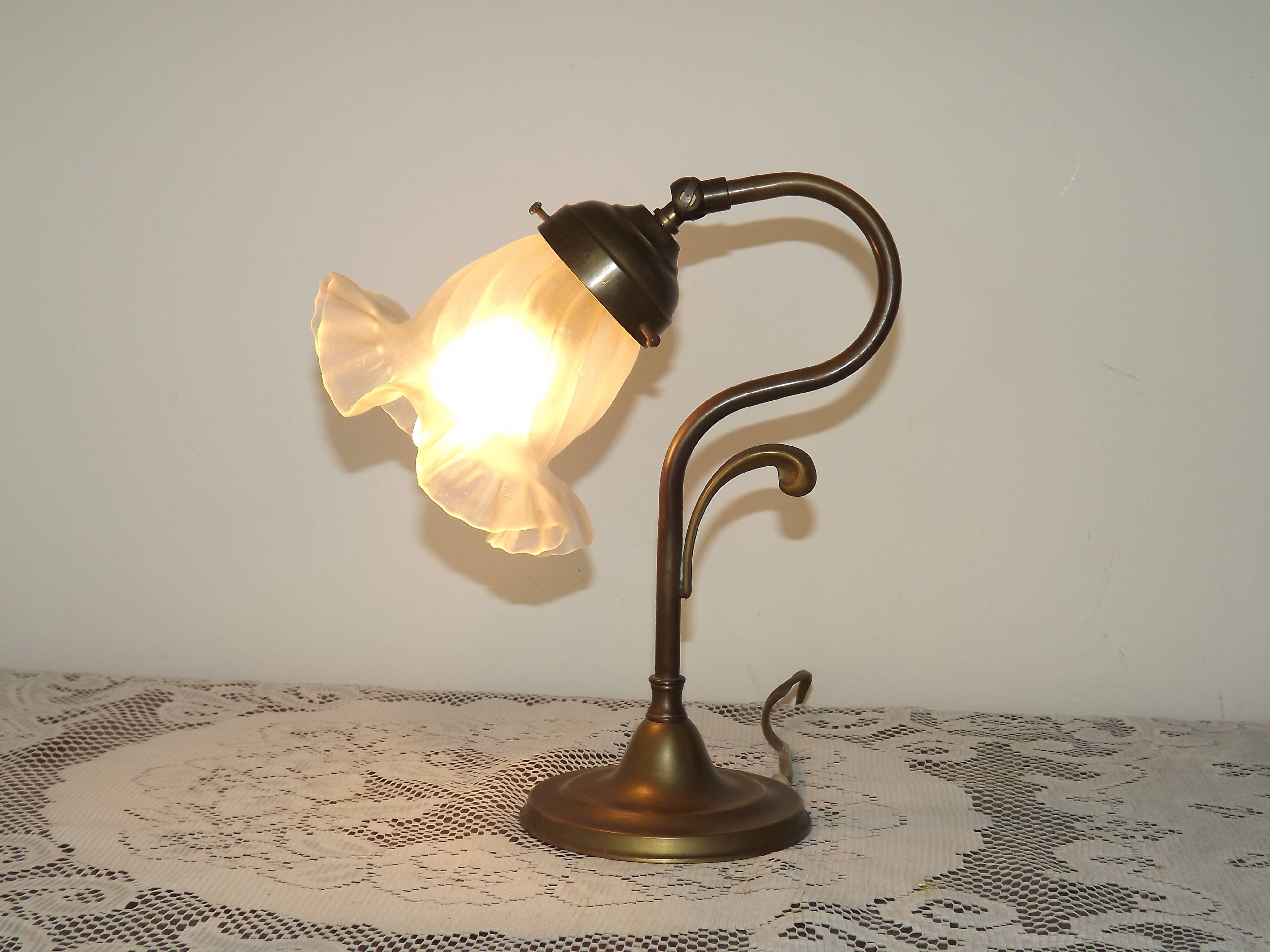 Vintage French Brass Gooseneck Table Lamp with Opaque Patterned Glass Shade 5522