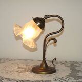Vintage French Brass Gooseneck Table Lamp with Opaque Patterned Glass Shade 5522