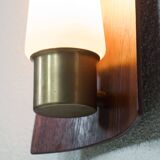 Vintage Danish teak, brass and opaline glass wall lamp