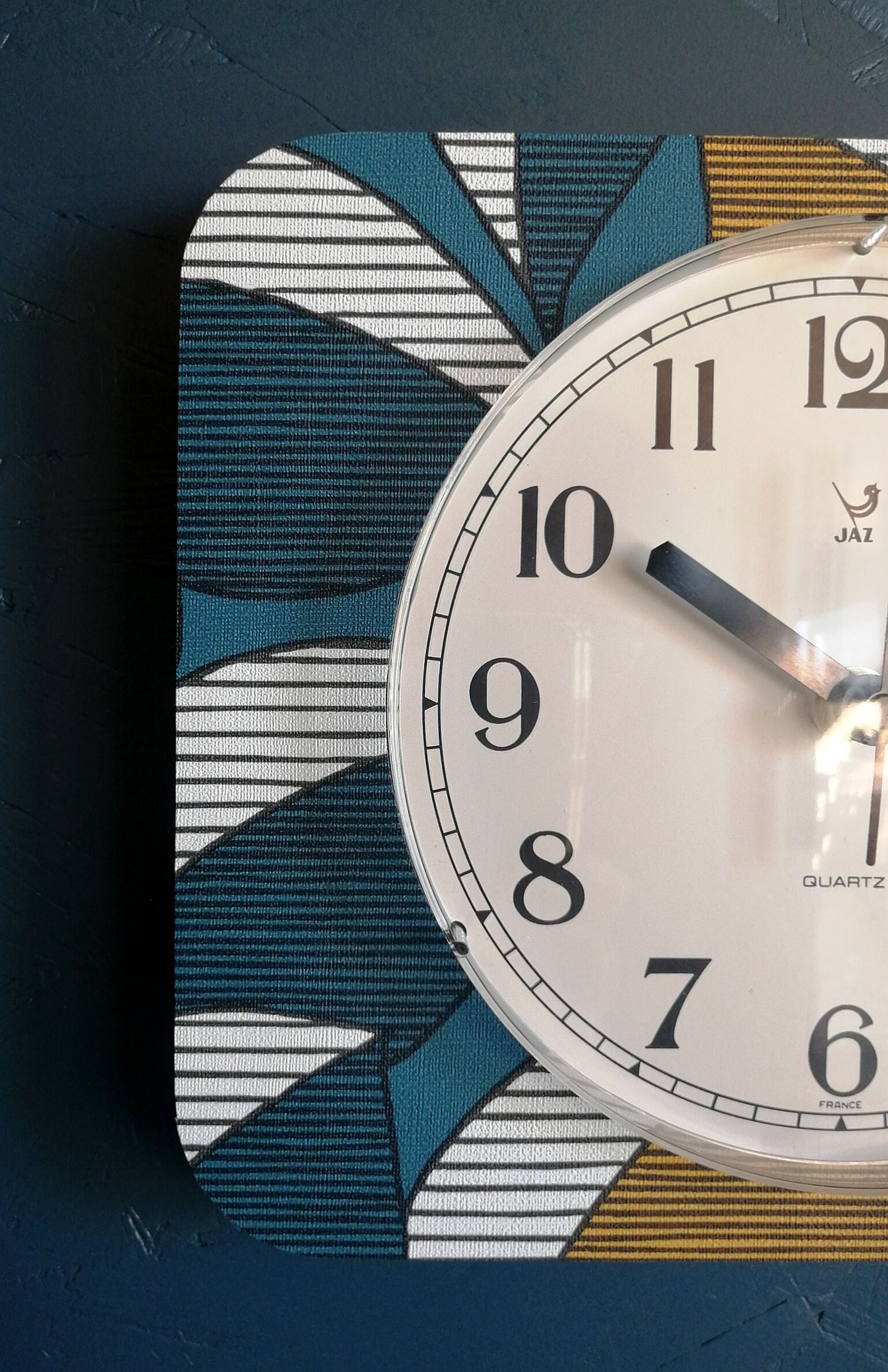 Vintage clock rectangular silent wall clock "Jaz blue white ochre"