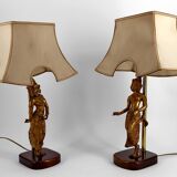 Paire de Lampes Sculpturales en Bronze Doré, Danseuses Thaïs, XXe