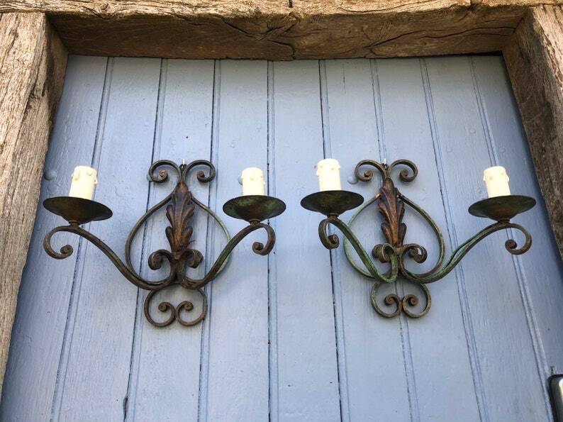 Art Deco Wrought Iron Wall Sconces: French Tole Twin Arm Lights