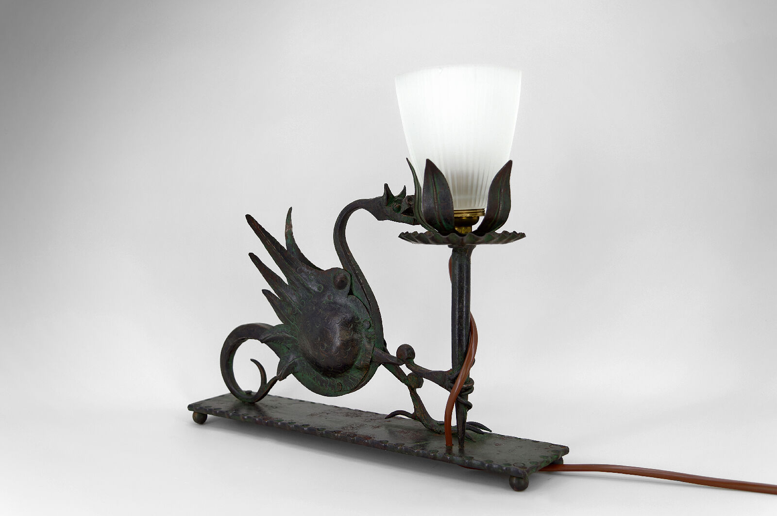 Wrought iron dragon table lamp, circa 1900