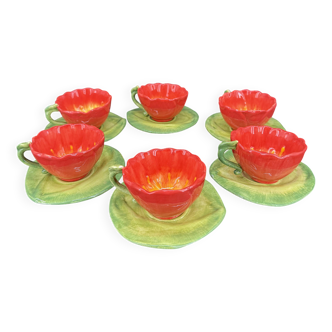 Service de 6 tasses coquelicot en barbotine avec soucoupes