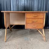 Vintage desk with rattan and solid oak compass legs