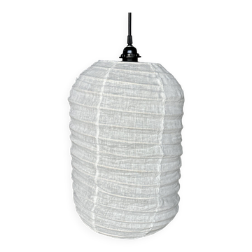 Très grande suspension en rotin et lin naturel japonisante en forme de lanterne H80 D65