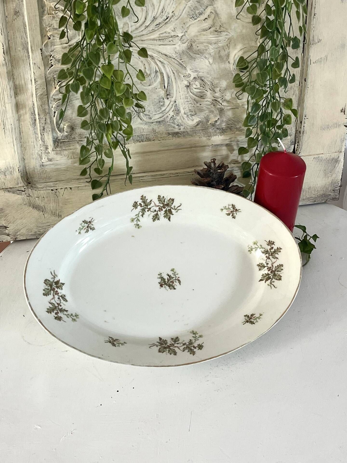Vintage French Holly Deep Platter, Christmas Serving Dish, Large Oval